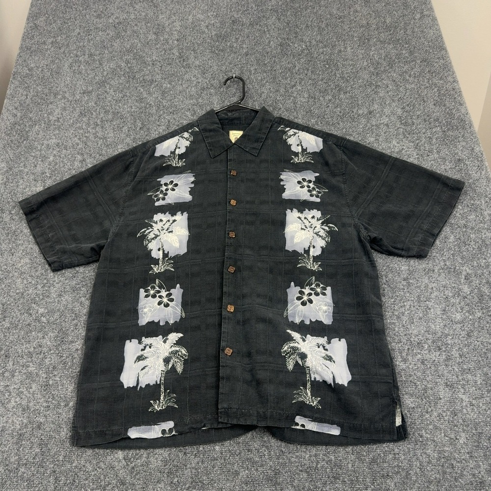 Jamaica Jaxx Button Up Shirt‎ Mens XL Black Silk Palm Tree Floral Aloha Tropical